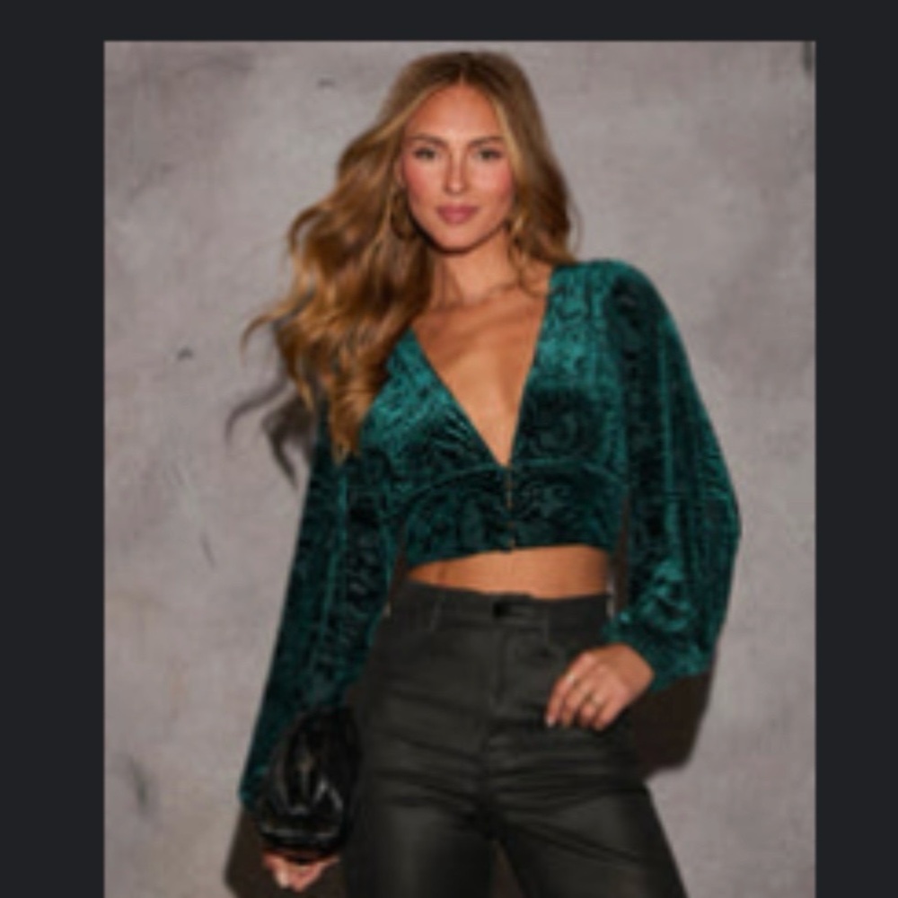 VICI Teal Burnout Velvet Cropped Blouse | Size Medium
